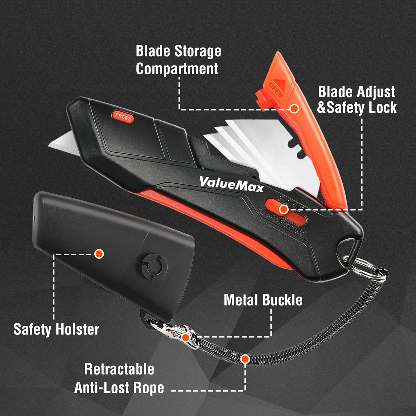 ValueMax 2-Pack Box Cutter Knife, Cardboard Cutter with Self-Retracting 3-Position Locking Blade, Safety Sheath, Lanyard, Extra 18 Blades Included, Blade Storage Design