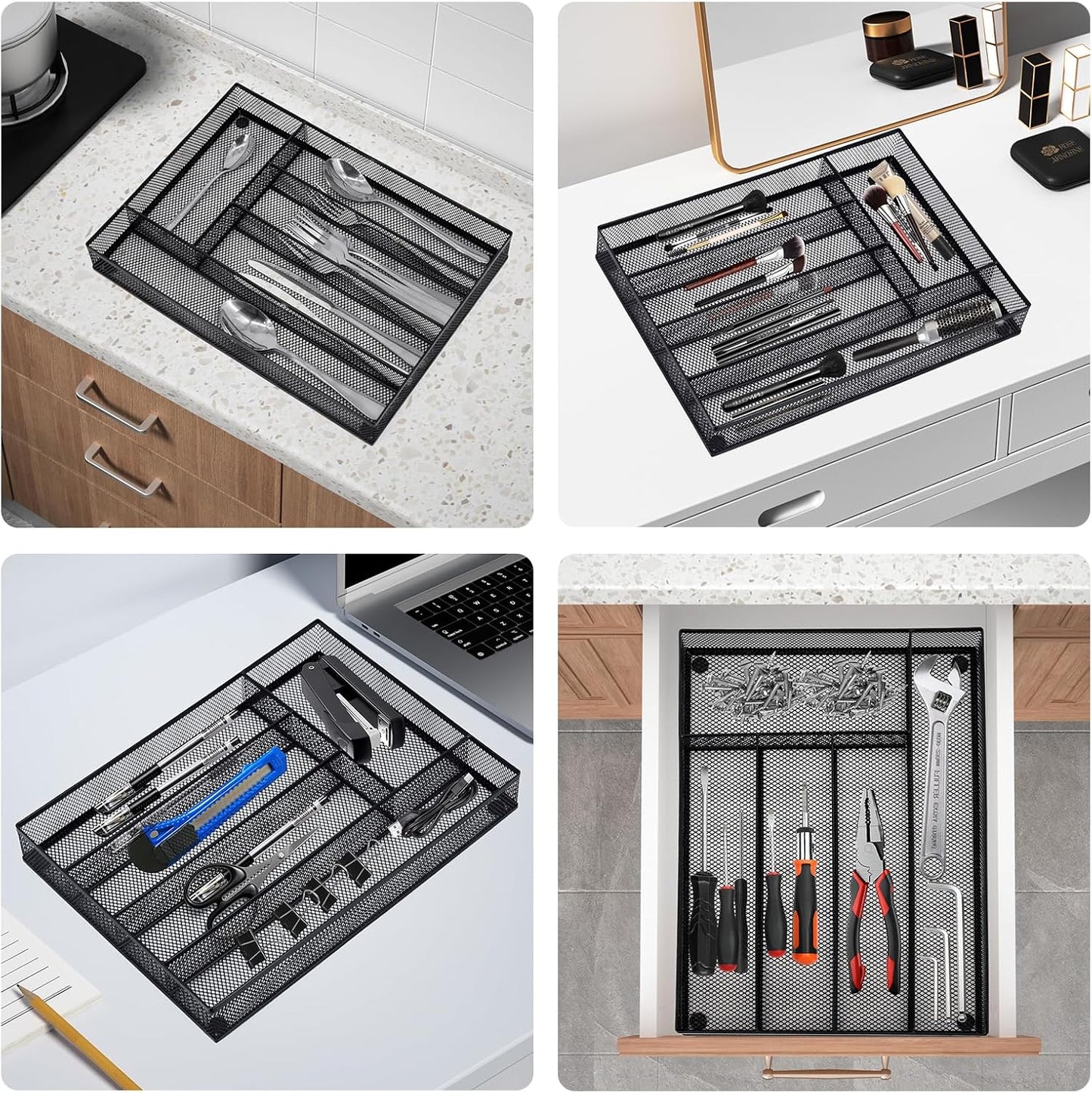 Neudeco Silverware Organizer,Mesh Drawer Organizer for Kitchen，Metal Utensil Organizer for Flatware, Knives, Spoons,Cosmetic (Silver 9 * 3 * 2 inch Pack6)