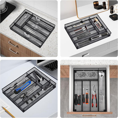 Neudeco Silverware Organizer,Mesh Drawer Organizer for Kitchen，Metal Utensil Organizer for Flatware, Knives, Spoons,Cosmetic (Silver 9 * 3 * 2 inch Pack6)