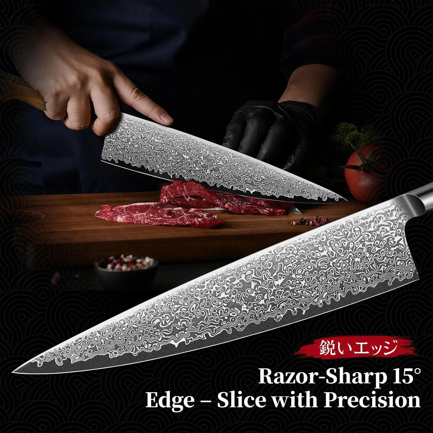 TIVOLI Japanese Gyuto Knife 10 Inch– VG-10 Damascus Chef Knife with Razor Sharp Blade and Ergonomic Olive Wood Handle, Ideal for Meat, Vegetables & Daily Cooking