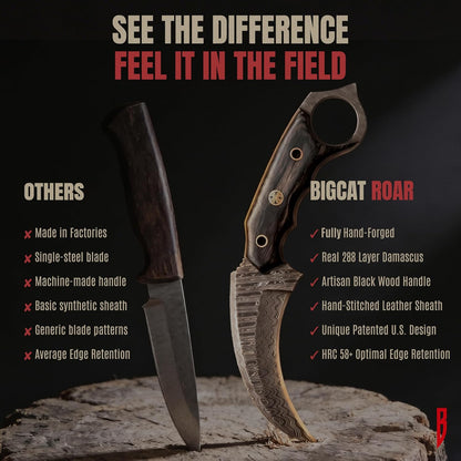 BIGCAT ROAR Predator Hunter - Patented Handmade Damascus Steel Fixed Blade Hunting Knife 10" - Walnut Wood Handle & Leather Sheath - Bushcraft Outdoor Skinning & Survival Knife - Collector Men Gifts