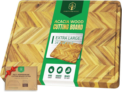 End Grain Acacia Wood Cutting Boards for Kitchen, 1.5 in Thick Butcher Block Construction for Stability, 15 x 10 in Medium Cutting Boards with Gift Box, Juice Groove and Handle