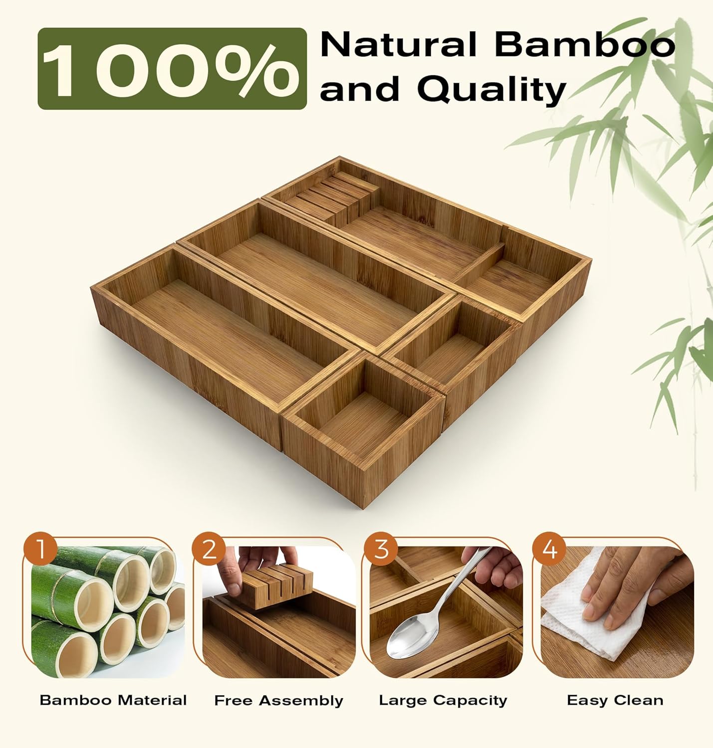 KOCWELL Bamboo Silverware Drawer Organizer with Knife Block, 3 Removable Drawer Organizer Bins - Multi-Use for Kitchen Utensils, Office, Makeup, Tools Storage