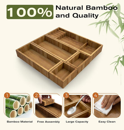 KOCWELL Bamboo Silverware Drawer Organizer with Knife Block, 3 Removable Drawer Organizer Bins - Multi-Use for Kitchen Utensils, Office, Makeup, Tools Storage