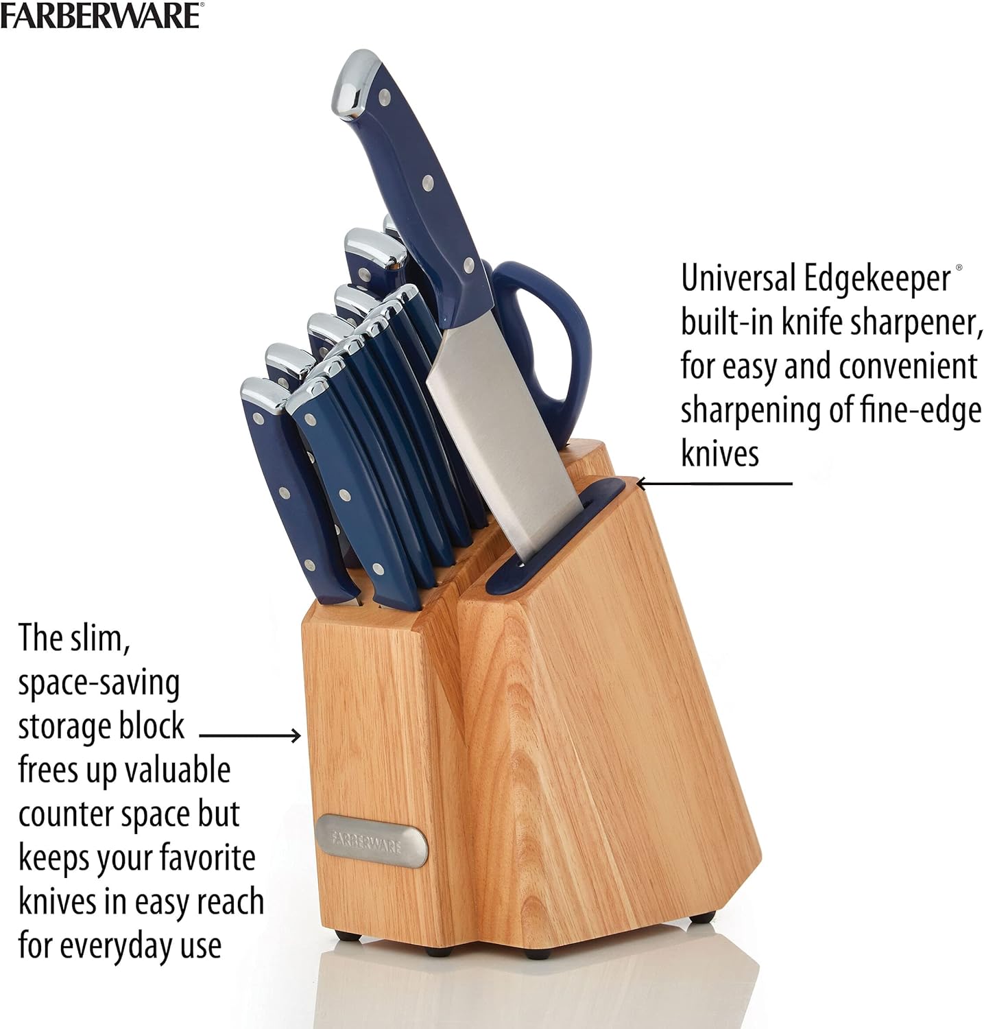 Farberware Edgekeeper Triple Riveted Slim Knife Block Set with Built in Sharpener, 14-Piece, Navy