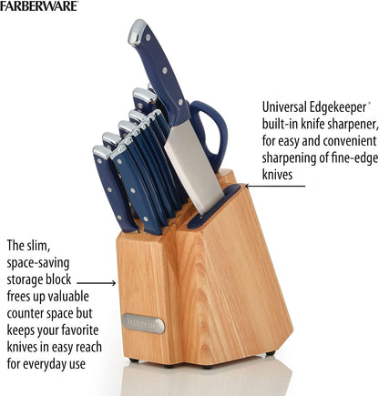 Farberware Edgekeeper Triple Riveted Slim Knife Block Set with Built in Sharpener, 14-Piece, Navy