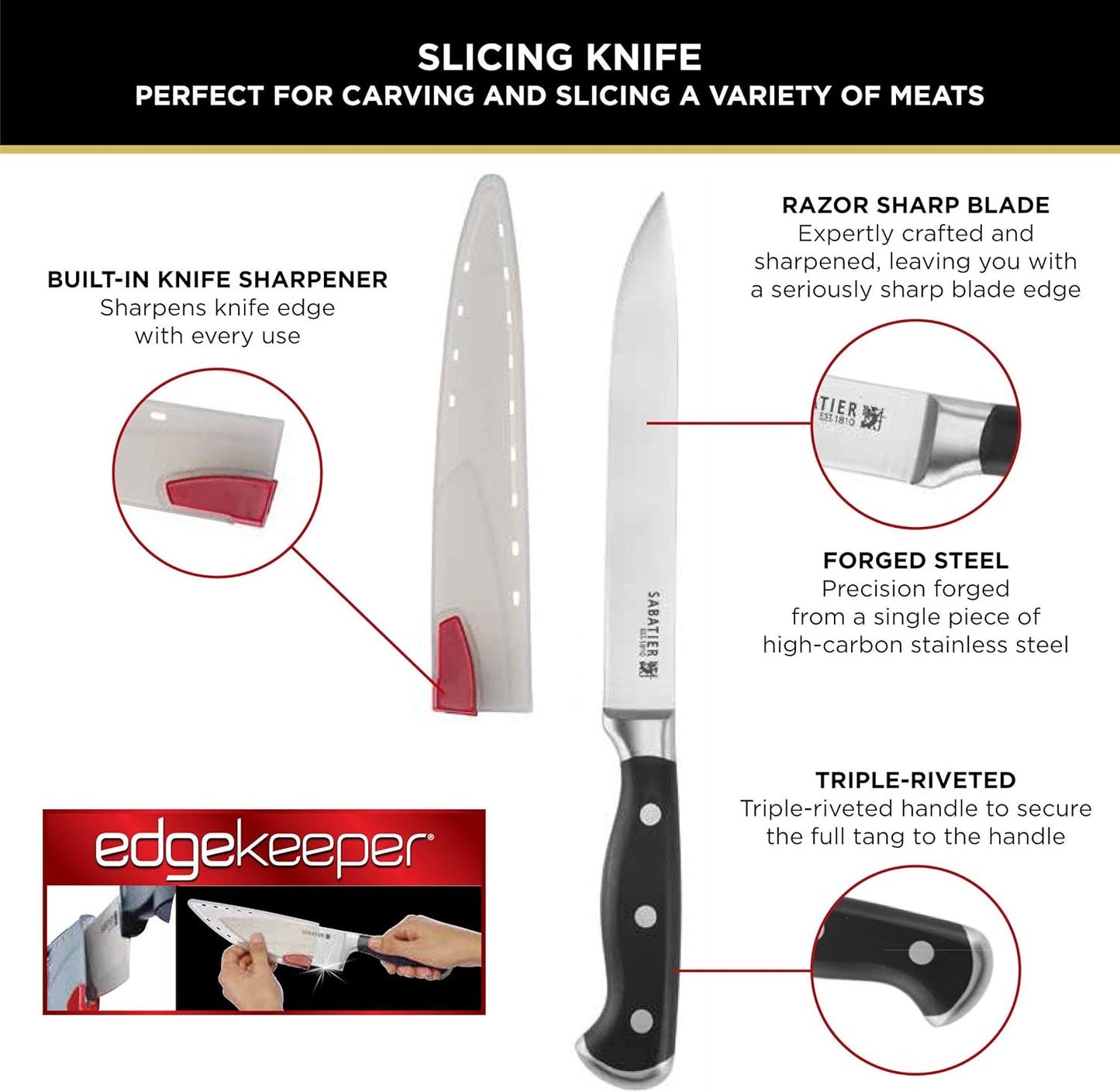 Sabatier Forged Stainless Steel Chef Knife with Edgekeeper Self-Sharpening Blade Cover, High-Carbon Stainless Steel Kitchen Knife, Razor-Sharp Knife to Cut Fruit, Vegetables and more, 8-Inch, Black