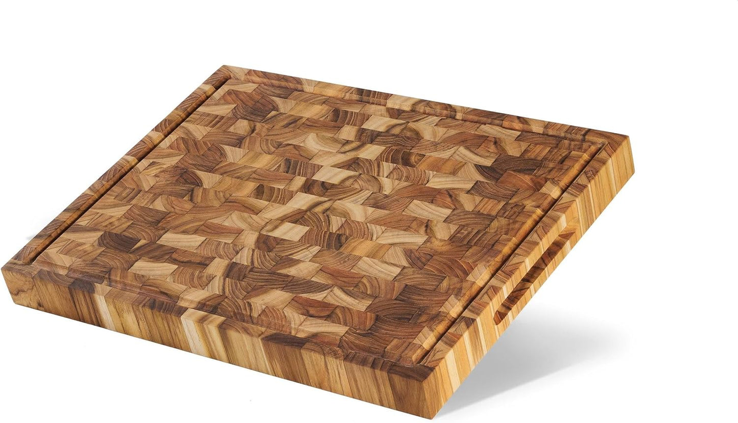 Teak Cutting Board - End Grain Butcher Block, 20 x 14 x 1.5 Inch Large Wood Board with Juice Groove & Side Handles, Extra Thick Carving Board for Meat Prep, BBQ & Charcuterie