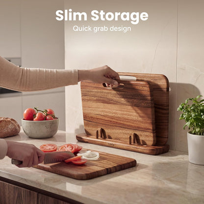 SMIRLY Wooden Cutting Boards for Kitchen, Double-Sided Cutting Board with Handle, Heavy Duty Solid Acacia Wood Cutting Board Set with Stand, 3 Pcs Cutting Boards Non Toxic for Meat Vegetable Fruit