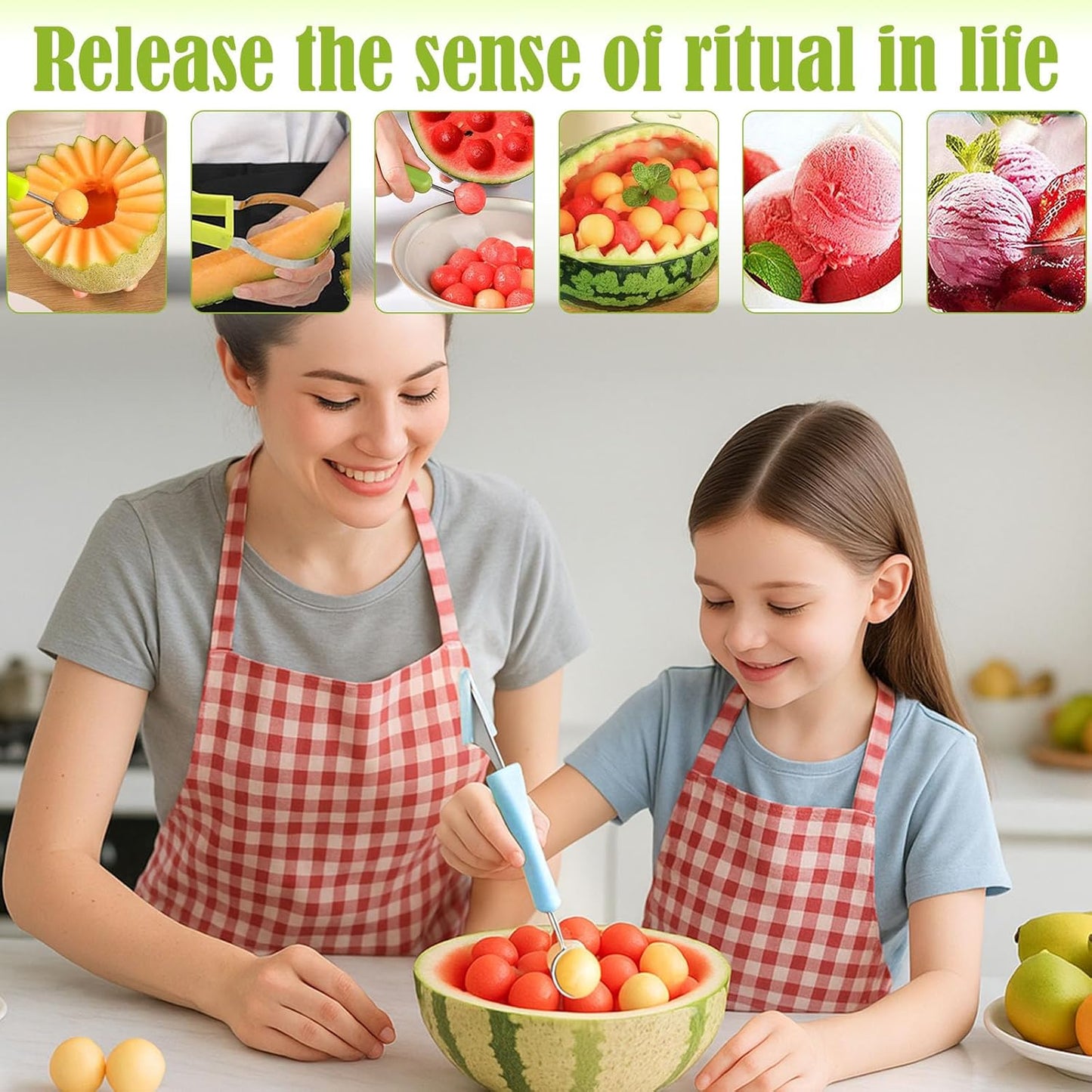 Suuker 4 in 1 Melon Baller Scoop Set, Stainless Steel Fruit Cutters Shapes, Watermelon Scooper and Baller, Fruit Carving Tools (Green)