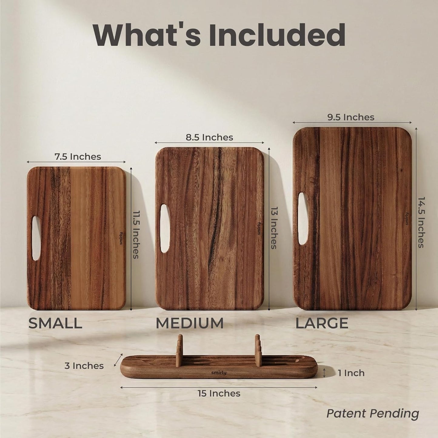 SMIRLY Wooden Cutting Boards for Kitchen, Double-Sided Cutting Board with Handle, Heavy Duty Solid Acacia Wood Cutting Board Set with Stand, 3 Pcs Cutting Boards Non Toxic for Meat Vegetable Fruit