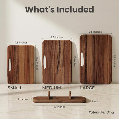 SMIRLY Wooden Cutting Boards for Kitchen, Double-Sided Cutting Board with Handle, Heavy Duty Solid Acacia Wood Cutting Board Set with Stand, 3 Pcs Cutting Boards Non Toxic for Meat Vegetable Fruit