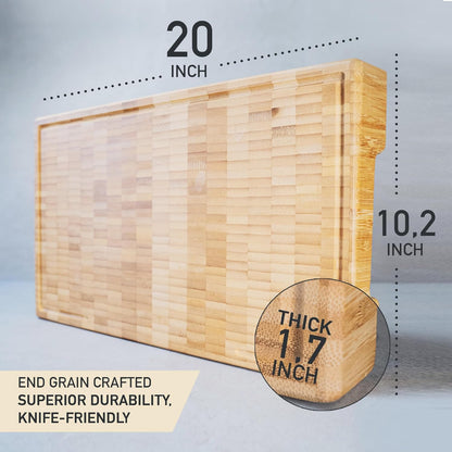 Bamboo Cutting Board, 19.7 x 12.2 Inch (ExtraThick 1.7") Hardwood Professional Butcher Block, Charcuterie Board. End Grain Non Toxic Wood Chopping Board (Oil & Plate Included)
