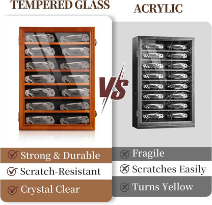 7 Row Knife Display Case for Wall Wooden Folding Knife Storage Stand with HD Tempered Glass & Removable Shelves Military Knife Organizer for Collections - Black