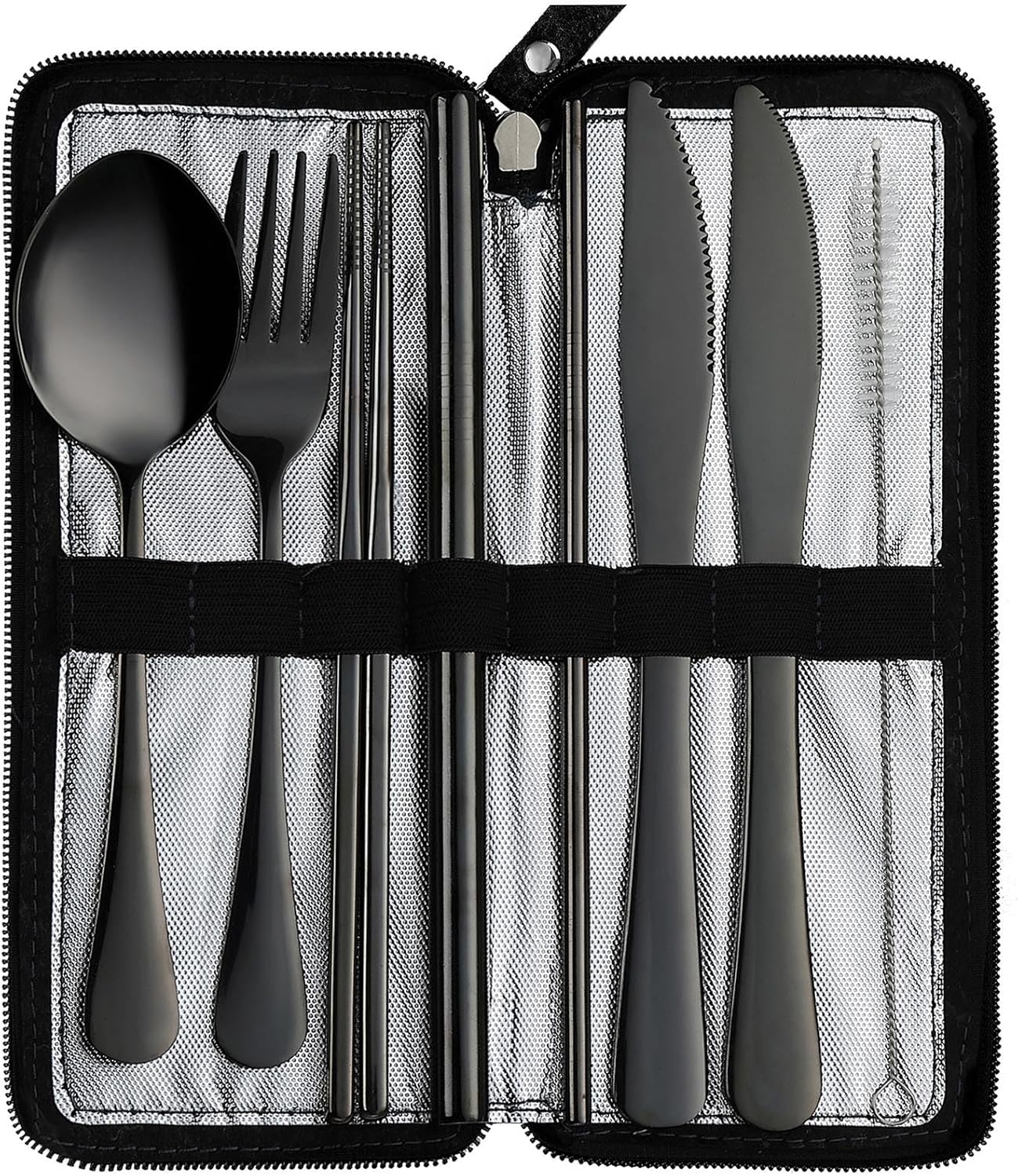 DEVICO Camping Utensils, Full-Size Reusable Silverware with Steak Knife, Boba Straw, Stainless Steel Travel Cutlery Set with Case, Fork and Spoon Set for Lunch box, Portable Flatware for Work (Silver)