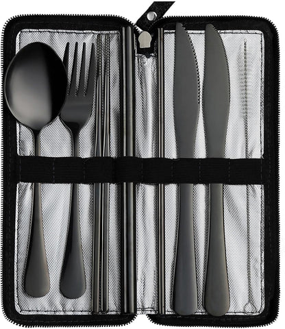 DEVICO Camping Utensils, Full-Size Reusable Silverware with Steak Knife, Boba Straw, Stainless Steel Travel Cutlery Set with Case, Fork and Spoon Set for Lunch box, Portable Flatware for Work (Silver)