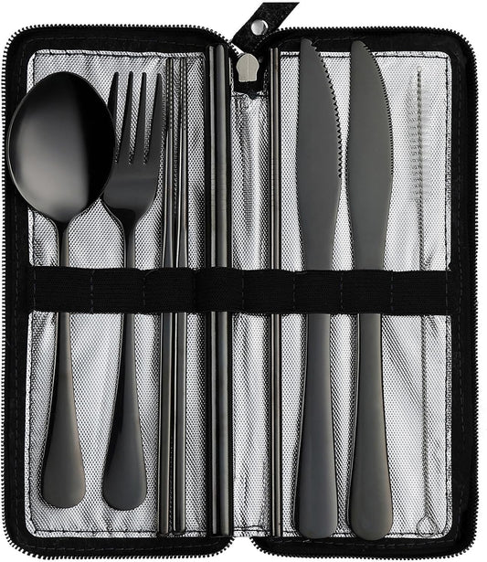 DEVICO Camping Utensils, Full-Size Reusable Silverware with Steak Knife, Boba Straw, Stainless Steel Travel Cutlery Set with Case, Fork and Spoon Set for Lunch box, Portable Flatware for Work (Silver)