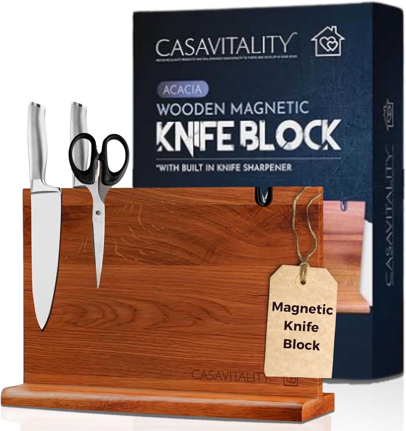 Acacia Wood Magnetic Knife Holder 14x10" – Double-Sided Knife Holder with Strong Magnet & Built-In Sharpener – Space-Saving Magnetic Knife Block Gift for Home Kitchens & Cooking Lovers
