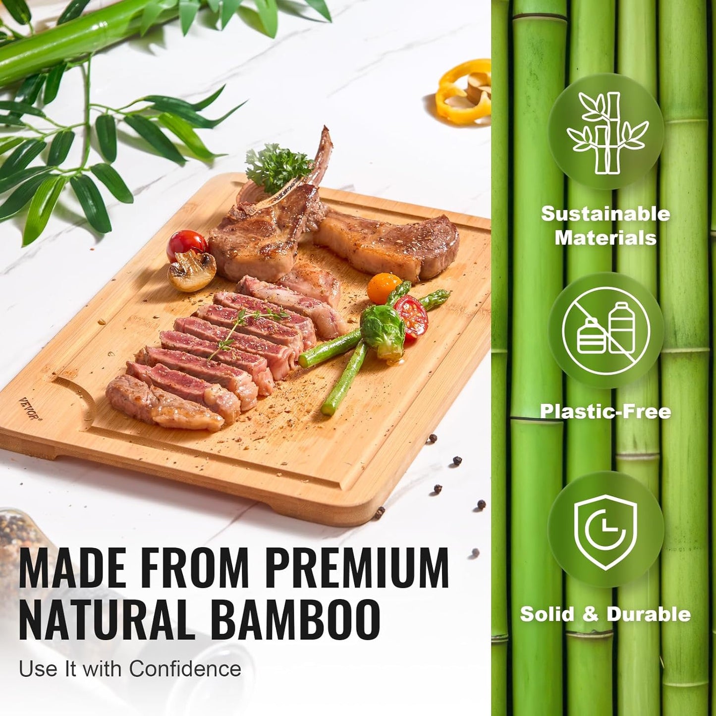 VEVOR Cutting Board 3 Pieces, Premium Versatile Bamboo Cutting Board, Food-Grade Oil and Juice Groove,Sturdy Durable Chopping Board, Built-in Handle, Wooden for Display Chopping Serving