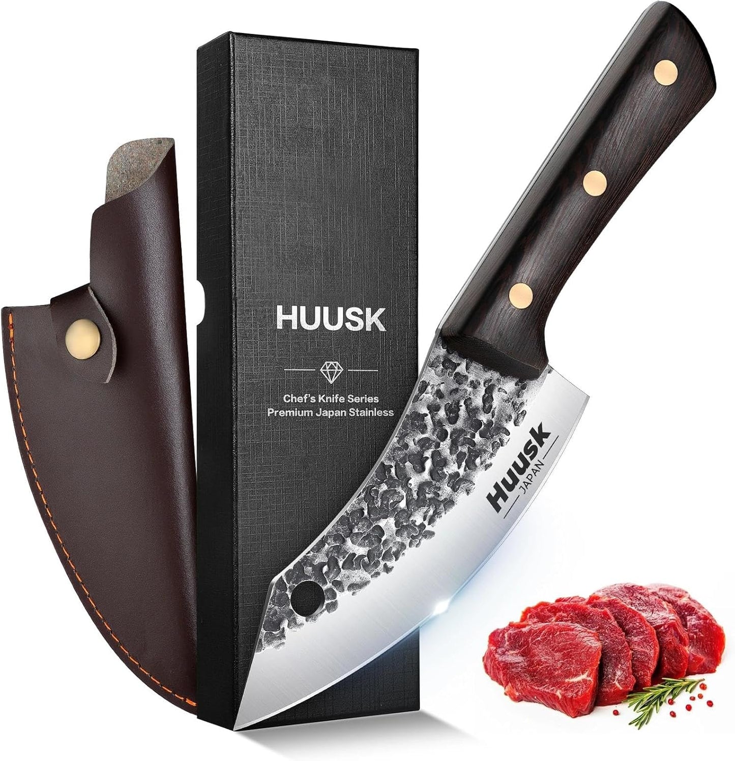 Huusk Hand Forged Chef Knife Set, High Carbon Steel Butcher Knife Set, Japanese Kitchen Knives for Home, Outdoor BBQ Camping Cooking, Gift Idea for Men