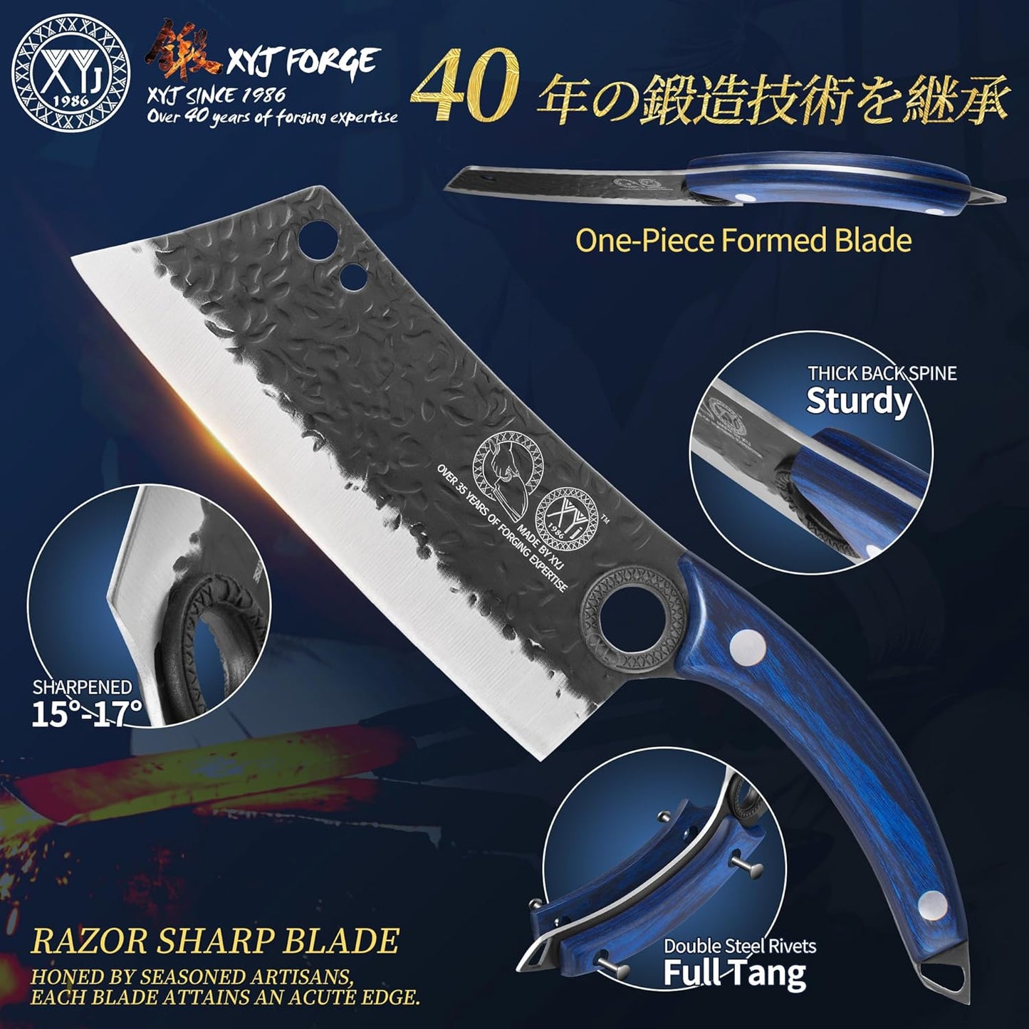 XYJ Authentic Since 1986, Kitchen Knives Set with Wood Magnetic Knife Block, Scissors, Honing Steel, Peeler, Gloves, Meat Boning Slicing Cooking Bread Vegetable Chef Knives