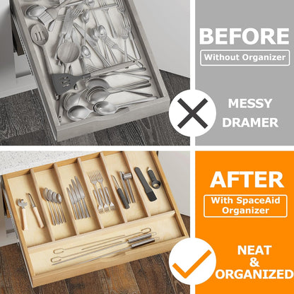 WelFurGeer Premium Wooden Silverware Organizer for Kitchen Drawers, Utensil Tray for Kitchen Drawer, Cutlery Drawer Organizer for Forks, Spoons, Knives - Sturdy Birchwood, Natural Finish