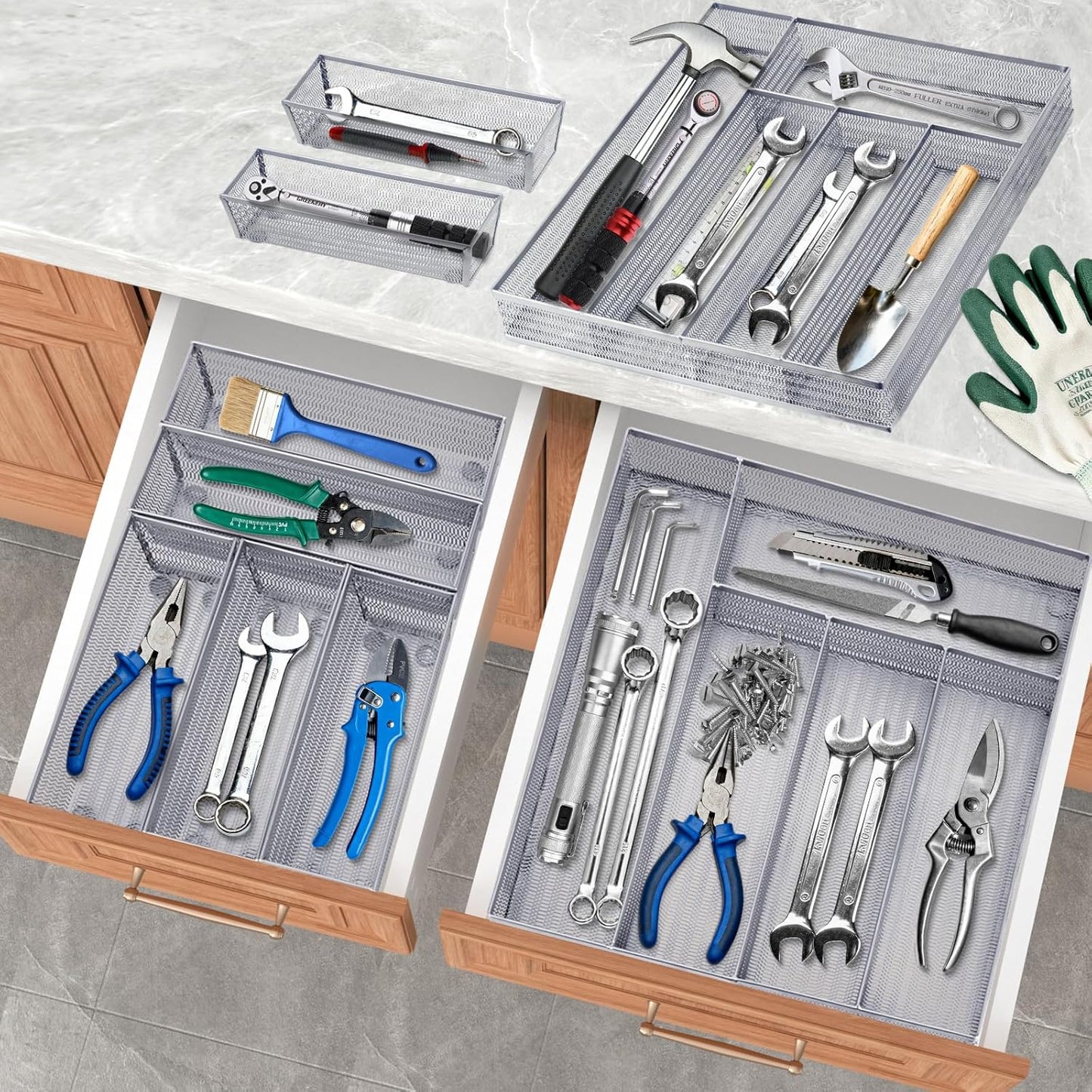 Neudeco Silverware Organizer,Mesh Drawer Organizer for Kitchen，Metal Utensil Organizer for Flatware, Knives, Spoons,Cosmetic (Silver 9 * 3 * 2 inch Pack6)