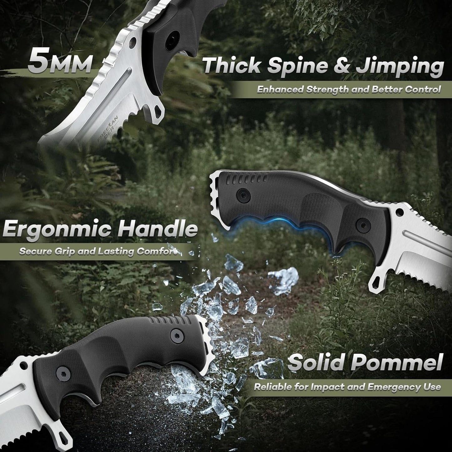 Freelander Fixed Blade Knife with Sheath, Full Tang D2 Steel Survival Knife, Camping Bushcraft Knives with Ergonomic Handle, Outdoor Knives for Men