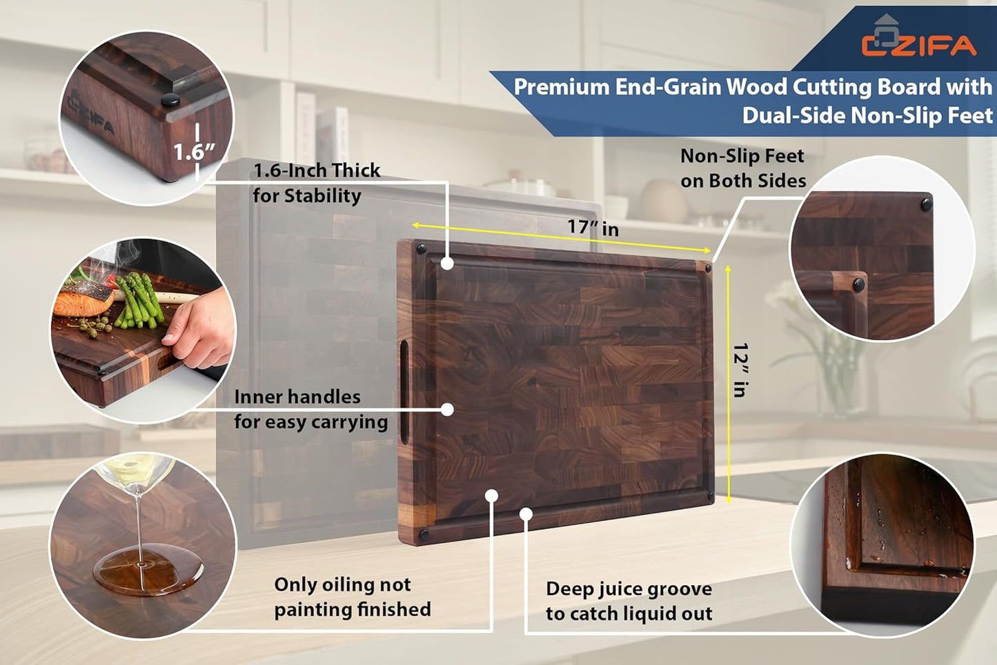 Cozifa American Dark Walnut Wood Cutting Board 17"x12"x1.6" for Kitchen with Juice Groove, Inner Handles, Gift Box Packaging and End Grain Butcher Block Finished with Linseed Oil, Beeswax & Lemon Oil