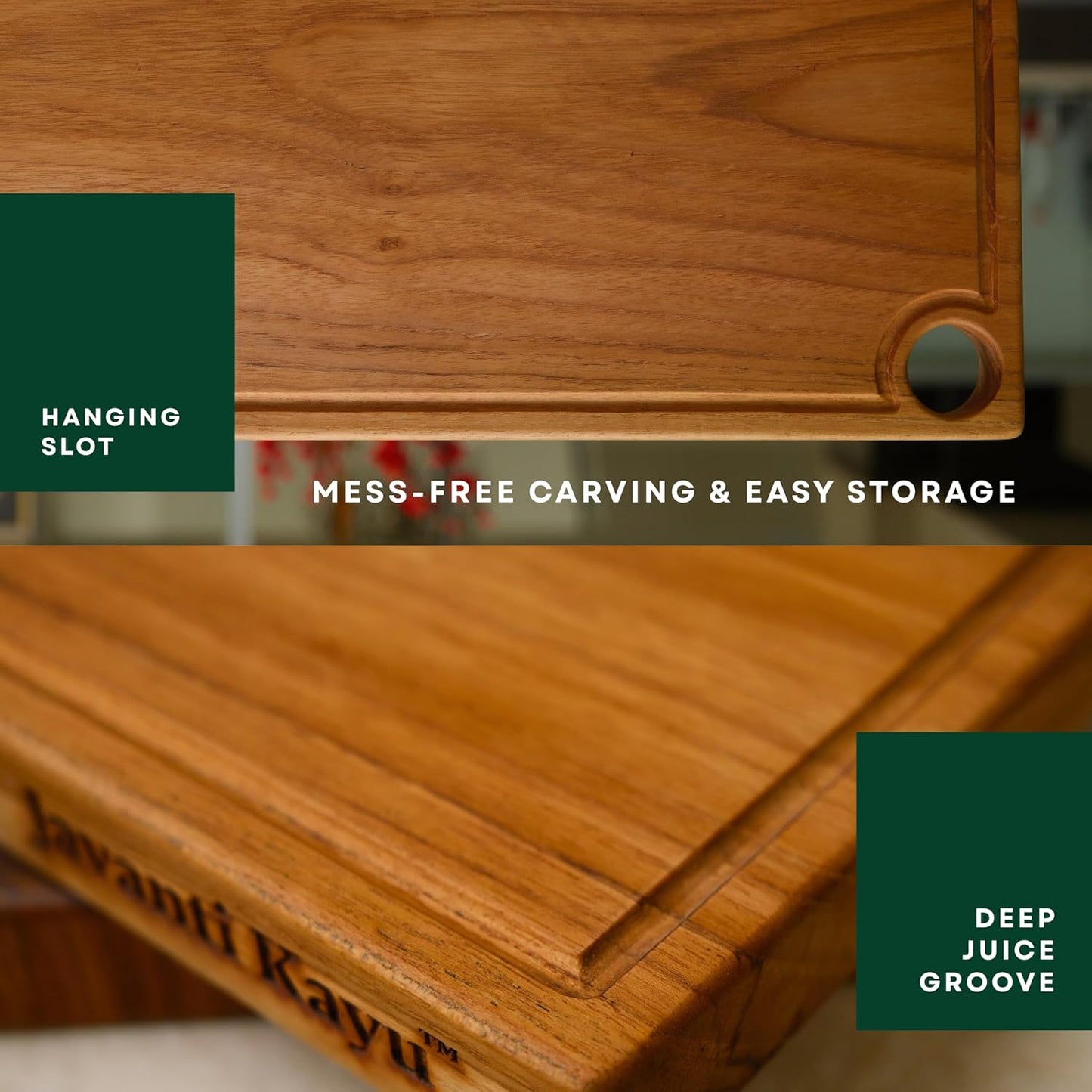 Teak Edge Grain Cutting Board – Premium Handmade Wood Chopping Board with Juice Groove & Handles, Knife-Friendly, Extra Thick Charcuterie – Made in Indonesia - L - 17.7 x 11.8 x 1.2 in