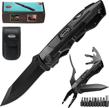 RoverTac Pocket Knife, 15-in-1 Multitool with Pliers, Bottle & Can Opener, 9 Screwdriver Bits, Locking Mechanism & Nylon Sheath - EDC Multi Tool for Camping, Hiking & DIY, Gift for Men & Dad