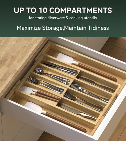 Silverware Organizer, Utensil Drawer Organizer & Cutlery Tray Dividers for Spoons Forks Knives (10 Slot,Natural Bamboo), 16”Dx12.3”Wx1.7”H