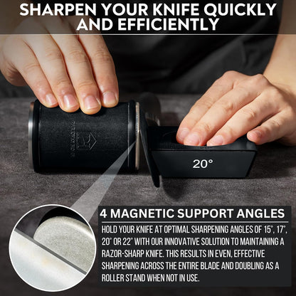 Rolling Knife Sharpener with Leather Strop and 15, 17, 20 & 22 Degree Angles - Knife Sharpener Kit - Roller Knife Sharpening System with Stand, Holder & Eraser - Walnut Brown