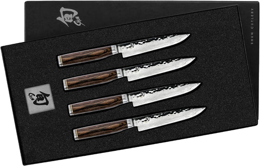 Shun Premier Steak Knife Set, 4 Piece, 5" Knives, Handcrafted Japanese Steak Knife Set, VG-MAX Core with Damascus Stainless Steel Cladding, Pakkawood Handle