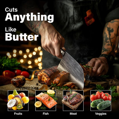 COOLINA Daozi 8" Butcher Knife, Hand-Forged High-Carbon Steel Cleaver for Heavy-Duty Meat Cutting, Slicing, Chopping, Brisket & BBQ, Full-Tang Forged Blade with Ergonomic Wood Handle