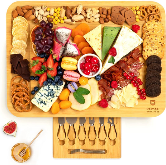 Extra Large Cheese Board - Bamboo Cheese Board and Knife Set - Charcuterie Board Set, Charcuterie Platter & Serving Tray