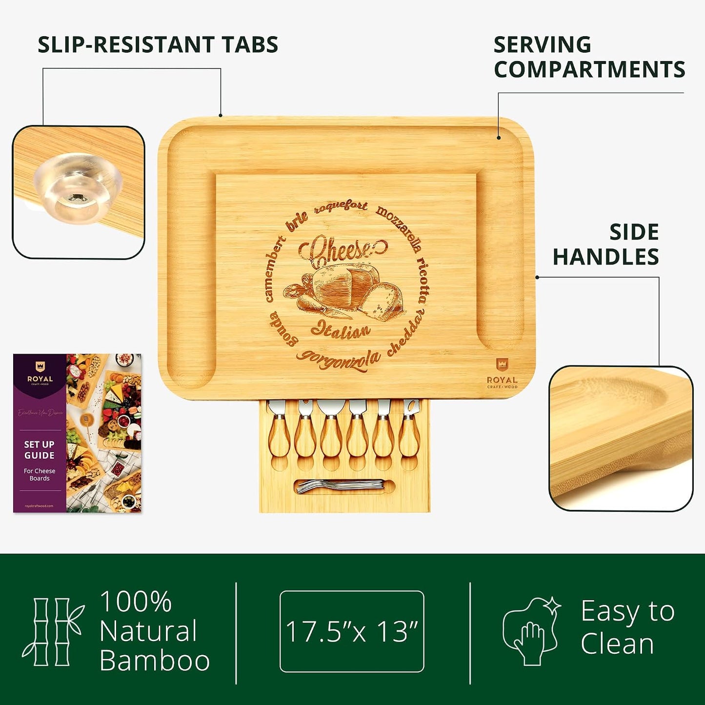 Extra Large Cheese Board - Bamboo Cheese Board and Knife Set - Charcuterie Board Set, Charcuterie Platter & Serving Tray