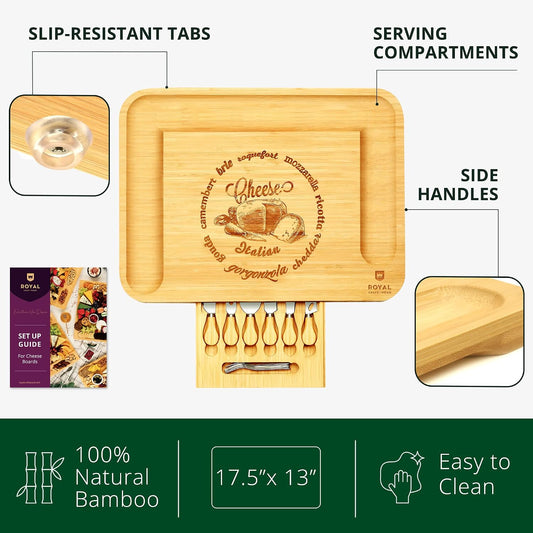 Extra Large Cheese Board - Bamboo Cheese Board and Knife Set - Charcuterie Board Set, Charcuterie Platter & Serving Tray