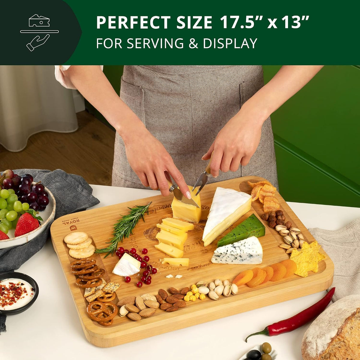 Extra Large Cheese Board - Bamboo Cheese Board and Knife Set - Charcuterie Board Set, Charcuterie Platter & Serving Tray