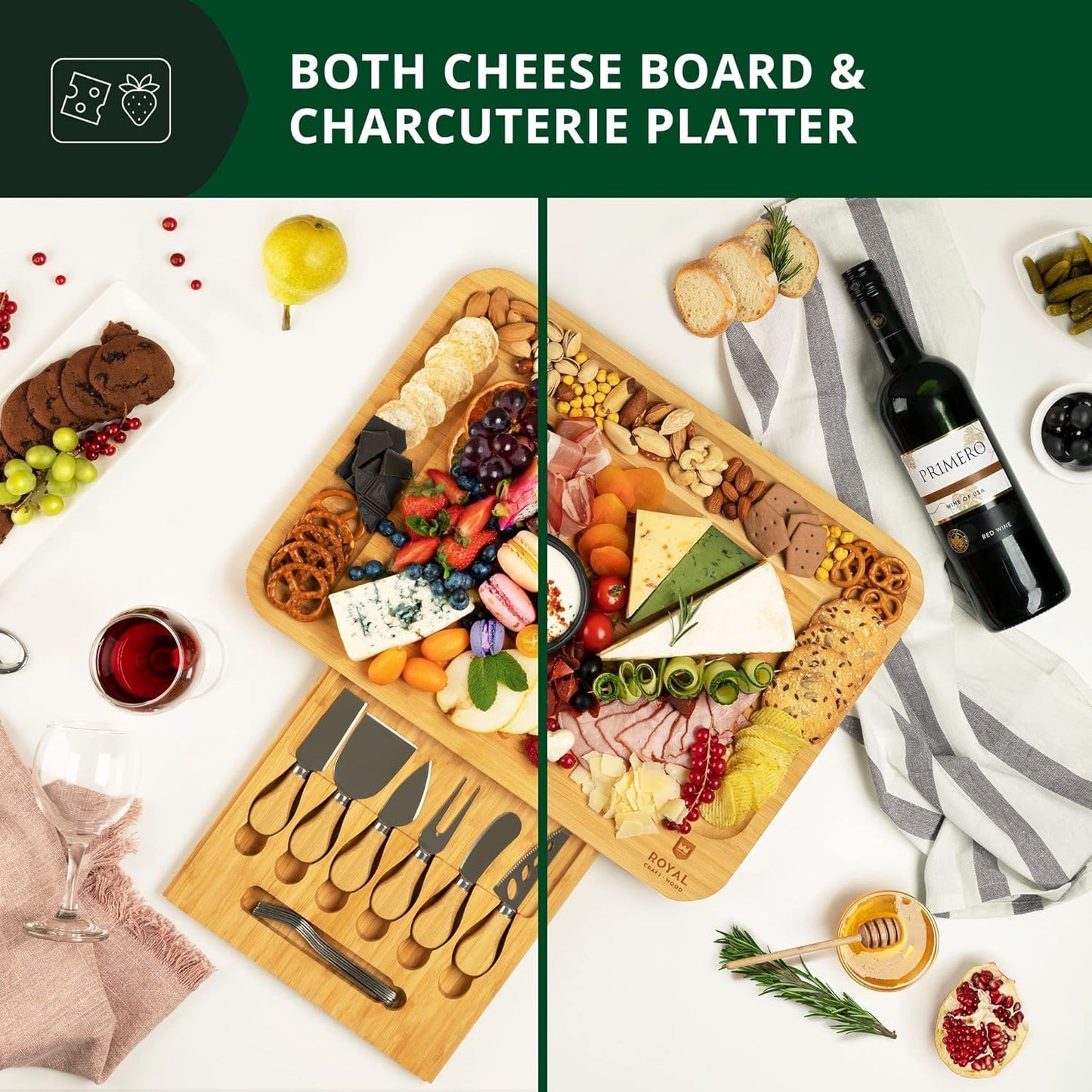 Extra Large Cheese Board - Bamboo Cheese Board and Knife Set - Charcuterie Board Set, Charcuterie Platter & Serving Tray