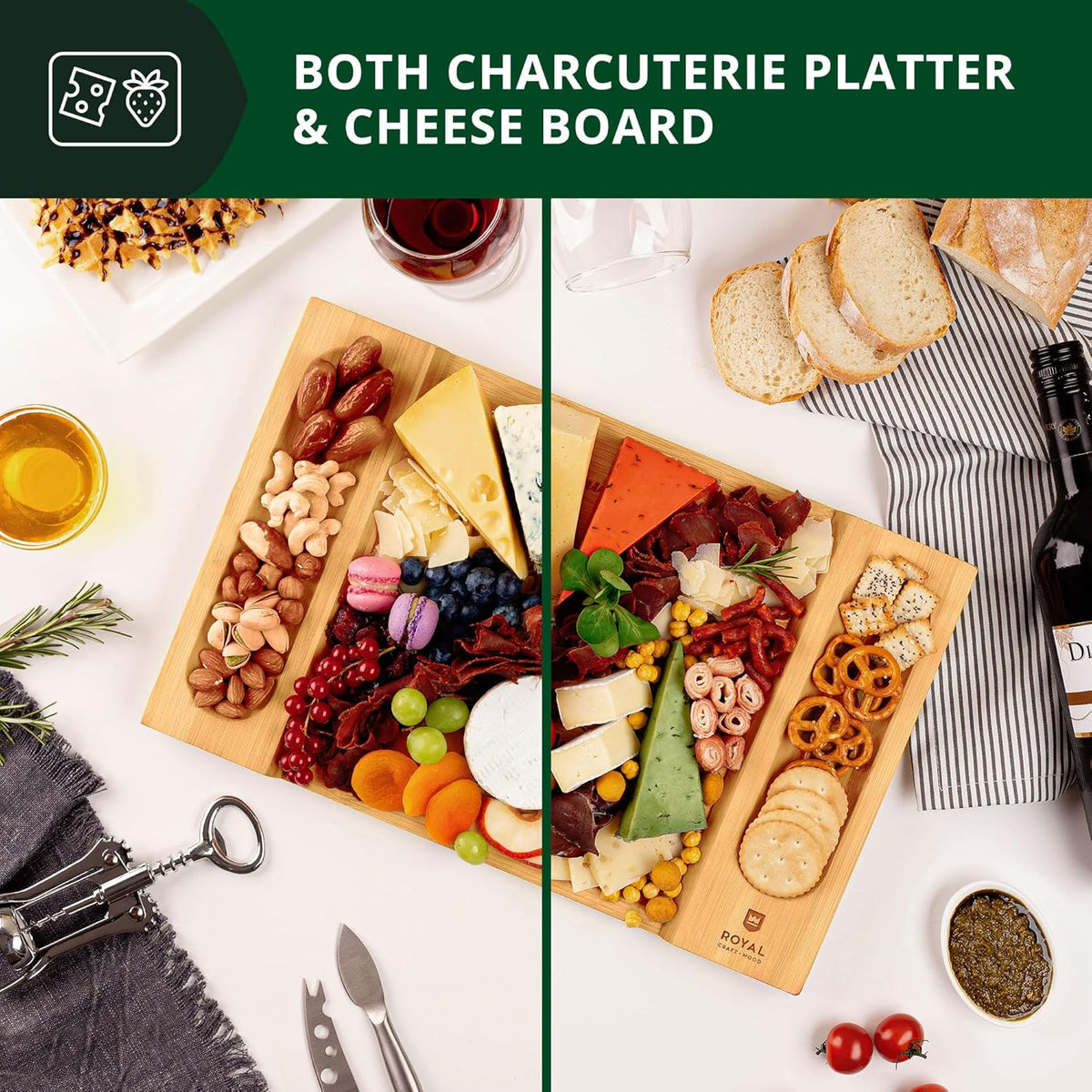 Extra Large Cheese Board - Bamboo Cheese Board and Knife Set - Charcuterie Board Set, Charcuterie Platter & Serving Tray