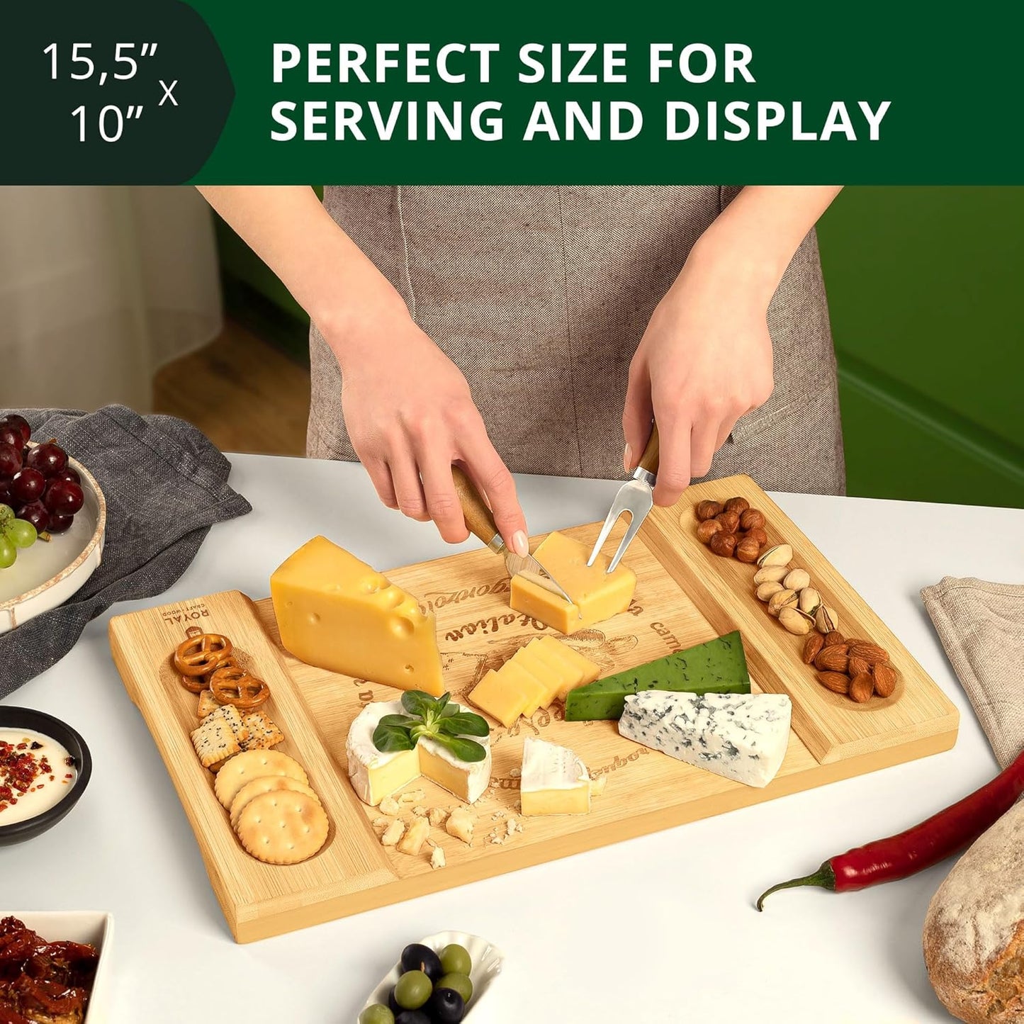 Extra Large Cheese Board - Bamboo Cheese Board and Knife Set - Charcuterie Board Set, Charcuterie Platter & Serving Tray