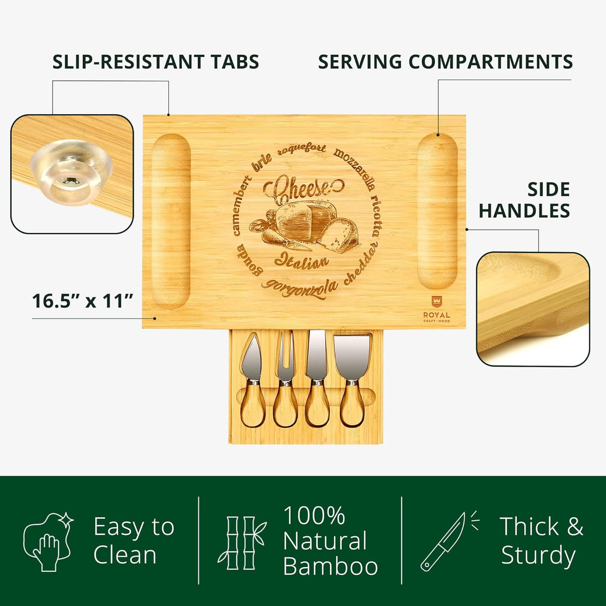 Extra Large Cheese Board - Bamboo Cheese Board and Knife Set - Charcuterie Board Set, Charcuterie Platter & Serving Tray