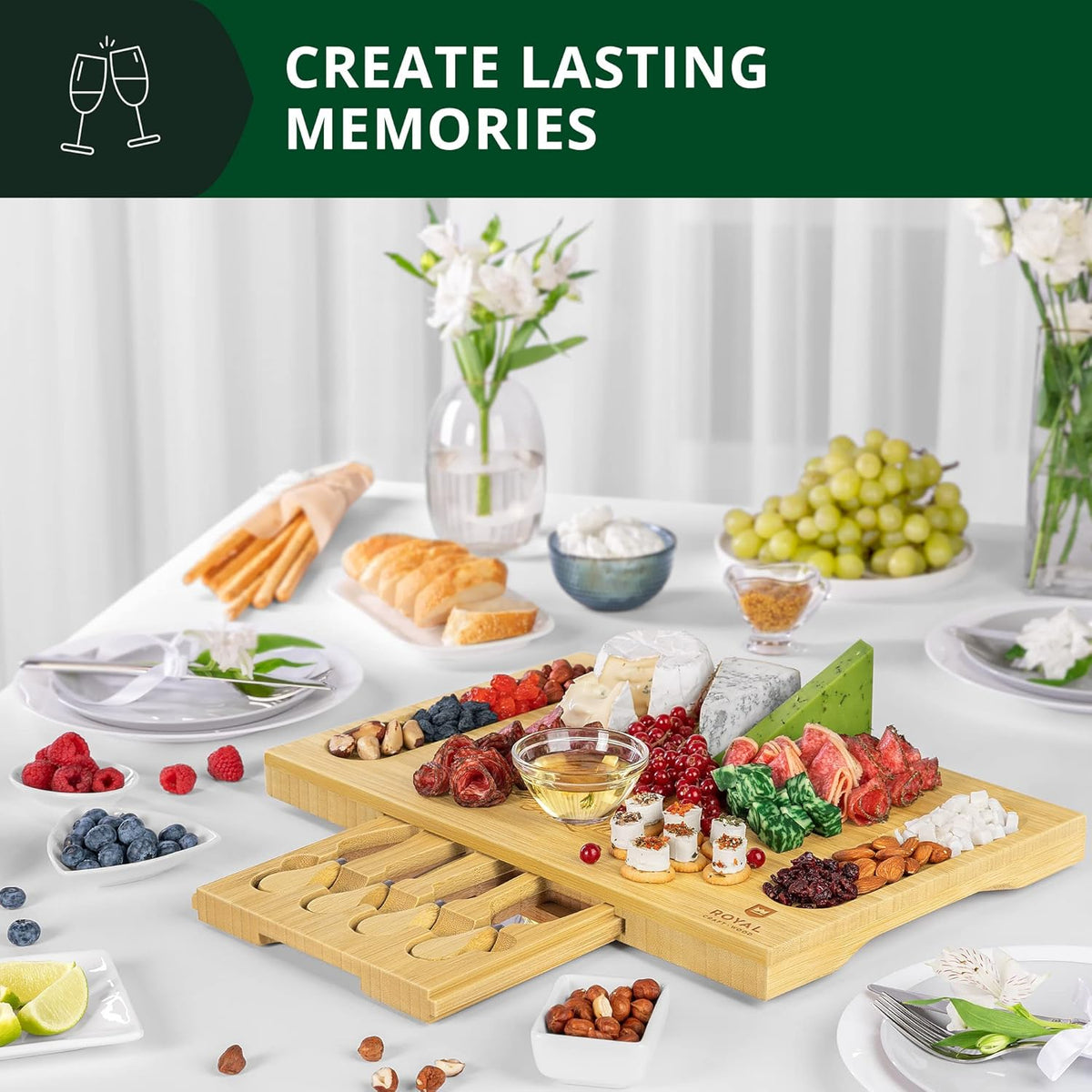 Extra Large Cheese Board - Bamboo Cheese Board and Knife Set - Charcuterie Board Set, Charcuterie Platter & Serving Tray