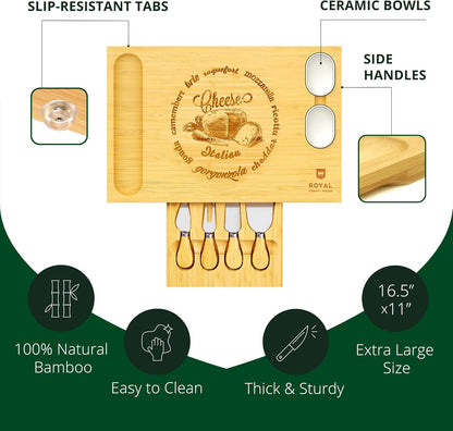 Extra Large Cheese Board - Bamboo Cheese Board and Knife Set - Charcuterie Board Set, Charcuterie Platter & Serving Tray