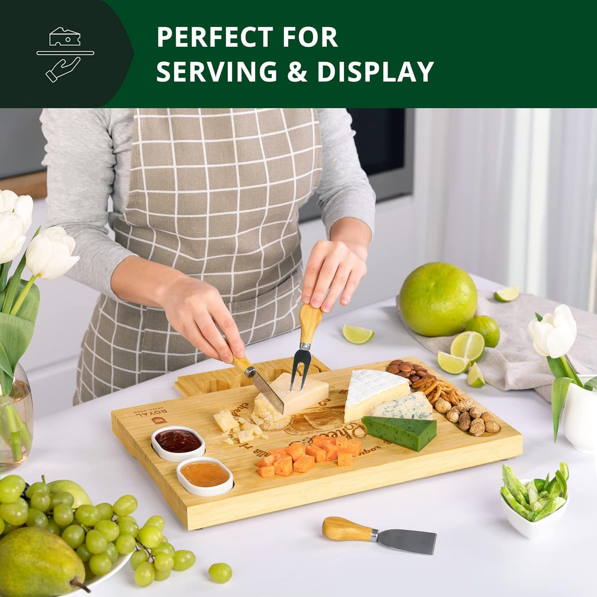 Extra Large Cheese Board - Bamboo Cheese Board and Knife Set - Charcuterie Board Set, Charcuterie Platter & Serving Tray