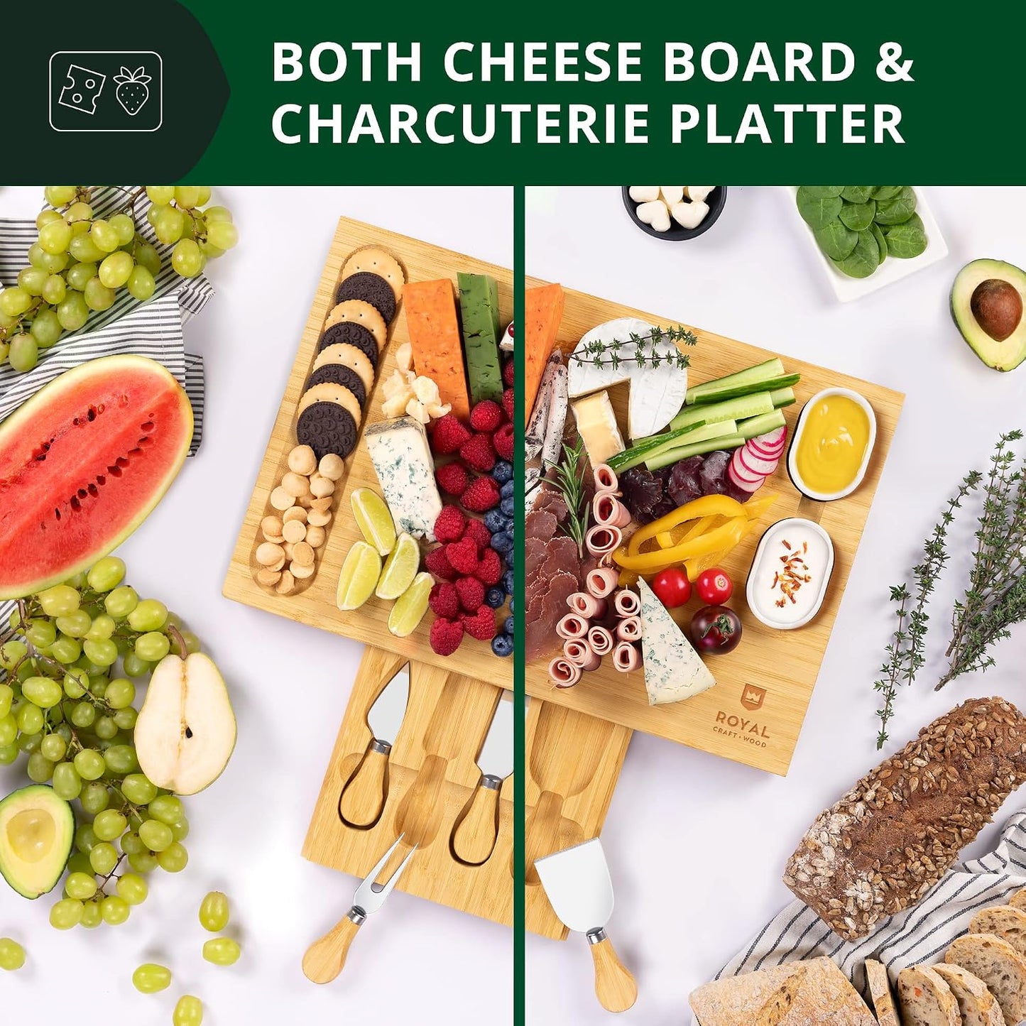 Extra Large Cheese Board - Bamboo Cheese Board and Knife Set - Charcuterie Board Set, Charcuterie Platter & Serving Tray