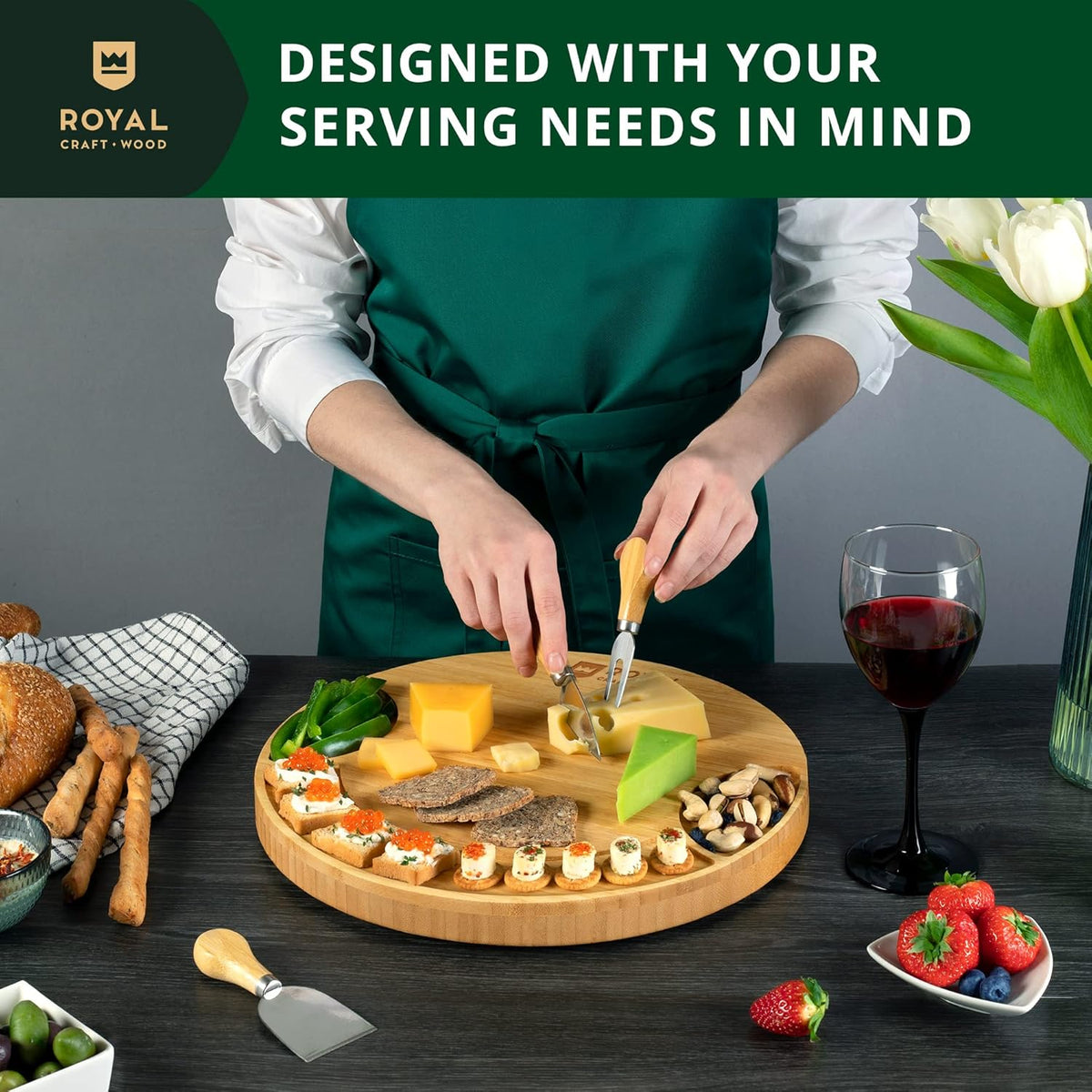 Extra Large Cheese Board - Bamboo Cheese Board and Knife Set - Charcuterie Board Set, Charcuterie Platter & Serving Tray
