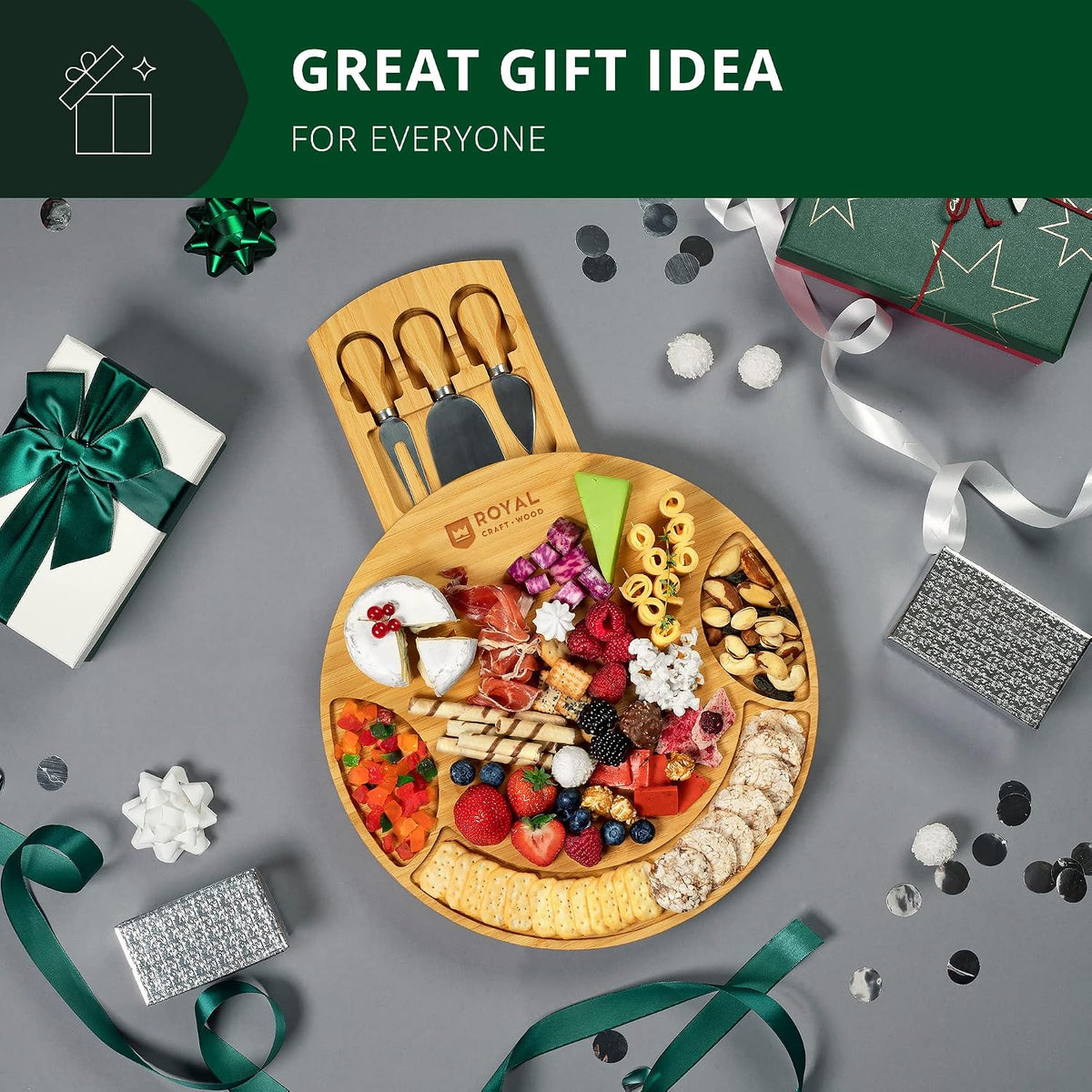 Extra Large Cheese Board - Bamboo Cheese Board and Knife Set - Charcuterie Board Set, Charcuterie Platter & Serving Tray