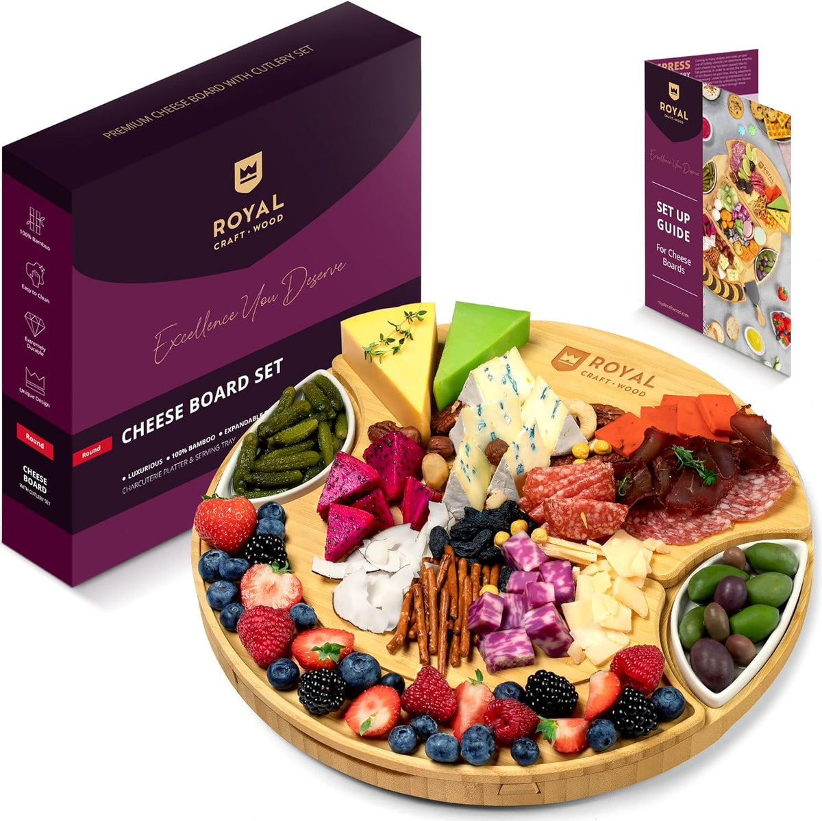 Extra Large Cheese Board - Bamboo Cheese Board and Knife Set - Charcuterie Board Set, Charcuterie Platter & Serving Tray